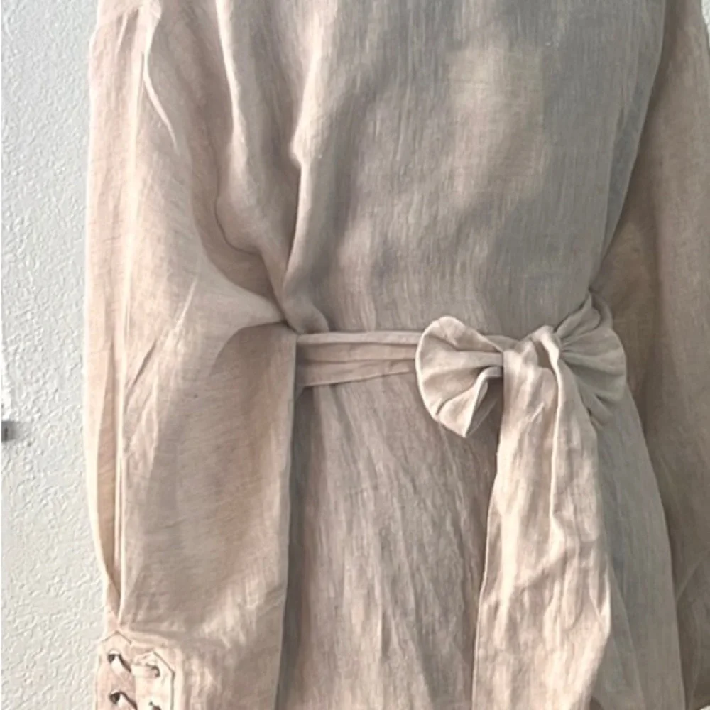 NWT, Fanco 100% Linen Beige Trench Dress Belted Lace-Up Cuff NWT Size S - Picture 3 of 16